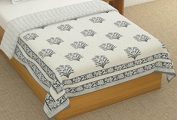 BLOCKS OF INDIA Hand Block Printed Cotton Single Size Reversible Malmal Dohar for Summer (Grey Motifs)