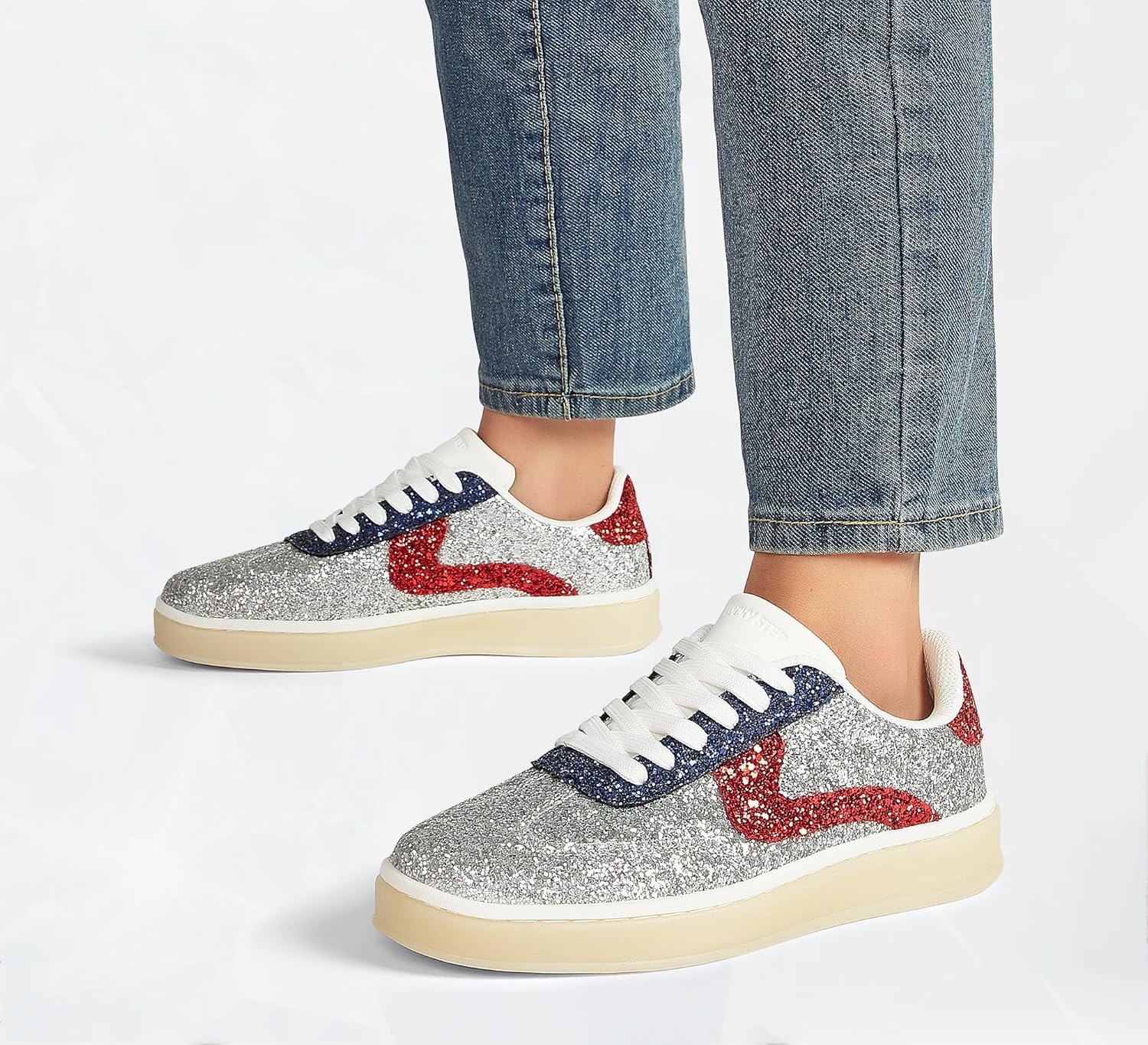 LUCKY STEP Women's Glitter Sneakers Fashion Retro Casual Sparkly Bling Shiny Dressy Bedazzled Bridal Wedding Anti Slip Walking Shoes - Image 9