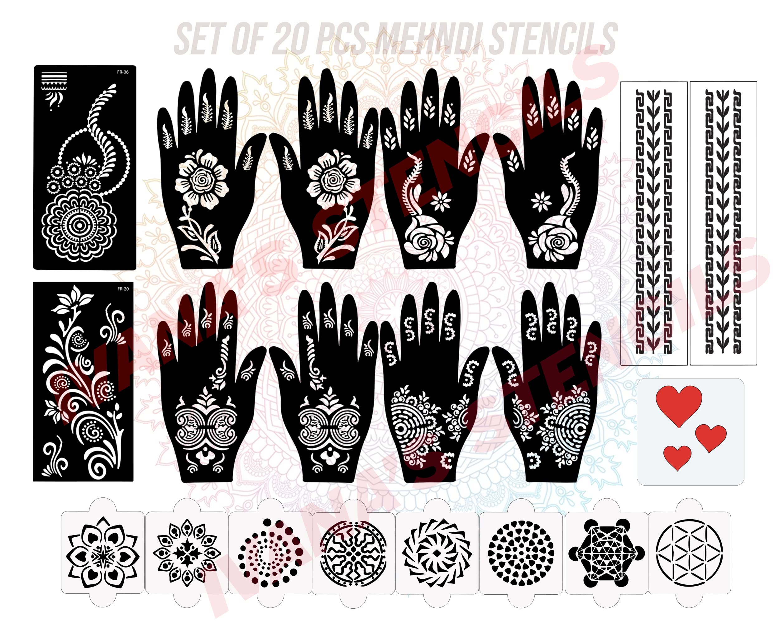 Ivana's Set of 20 Pcs Combo Pack, Reusable Mehandi Design Sticker Stencils for Both Hand | Mehandi Design Stickers for Hand | Quick and Easy to Use, for Girls, Women, Kids & Teen, D-2142-image-2