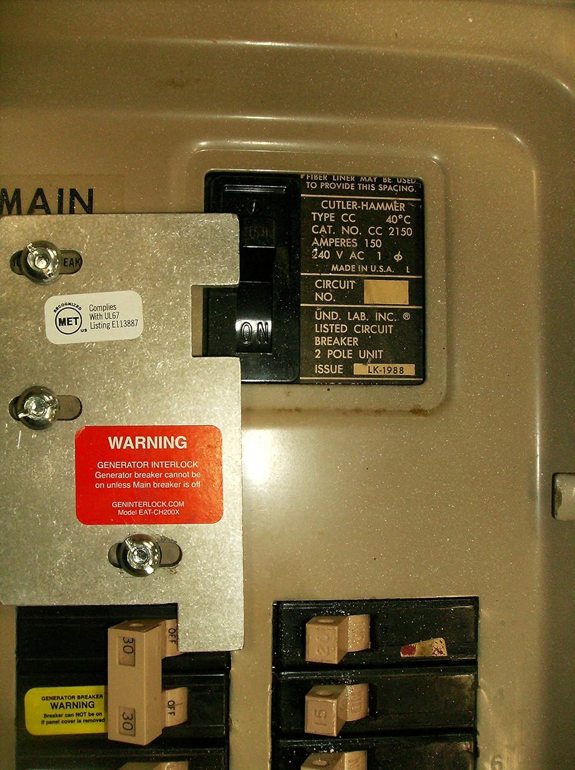 EAT-CH200XA Eaton or Cutler Hammer Generator Interlock Kit Vertical Throw Main 150 or 200 amp Panel Generator Interlock Kit - - 