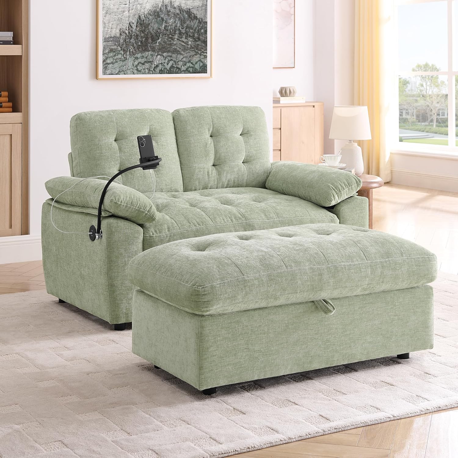 Eafurn Loveseat Sleeper Chair with Storage Ottoman, Adjustable Recliner Sofa with Side USB Charging Port & 360° Phone Stand, Tufted Fabric Reading Chair with Padded Armrests | Breathable material, Pillow Armrest