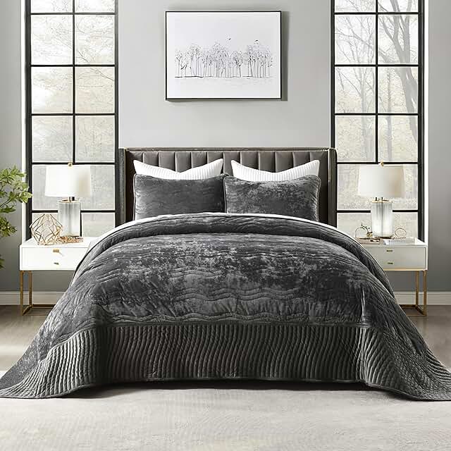 Velvet California King Size Quilt Grey Bedding