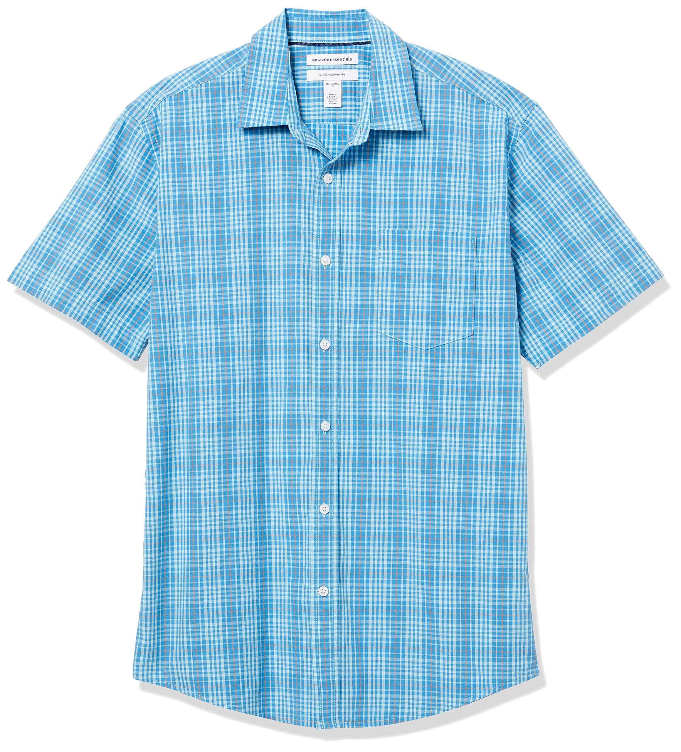 Amazon Essentials Men's Regular-Fit Short-Sleeve Poplin Shirt, Blue White Plaid, XS