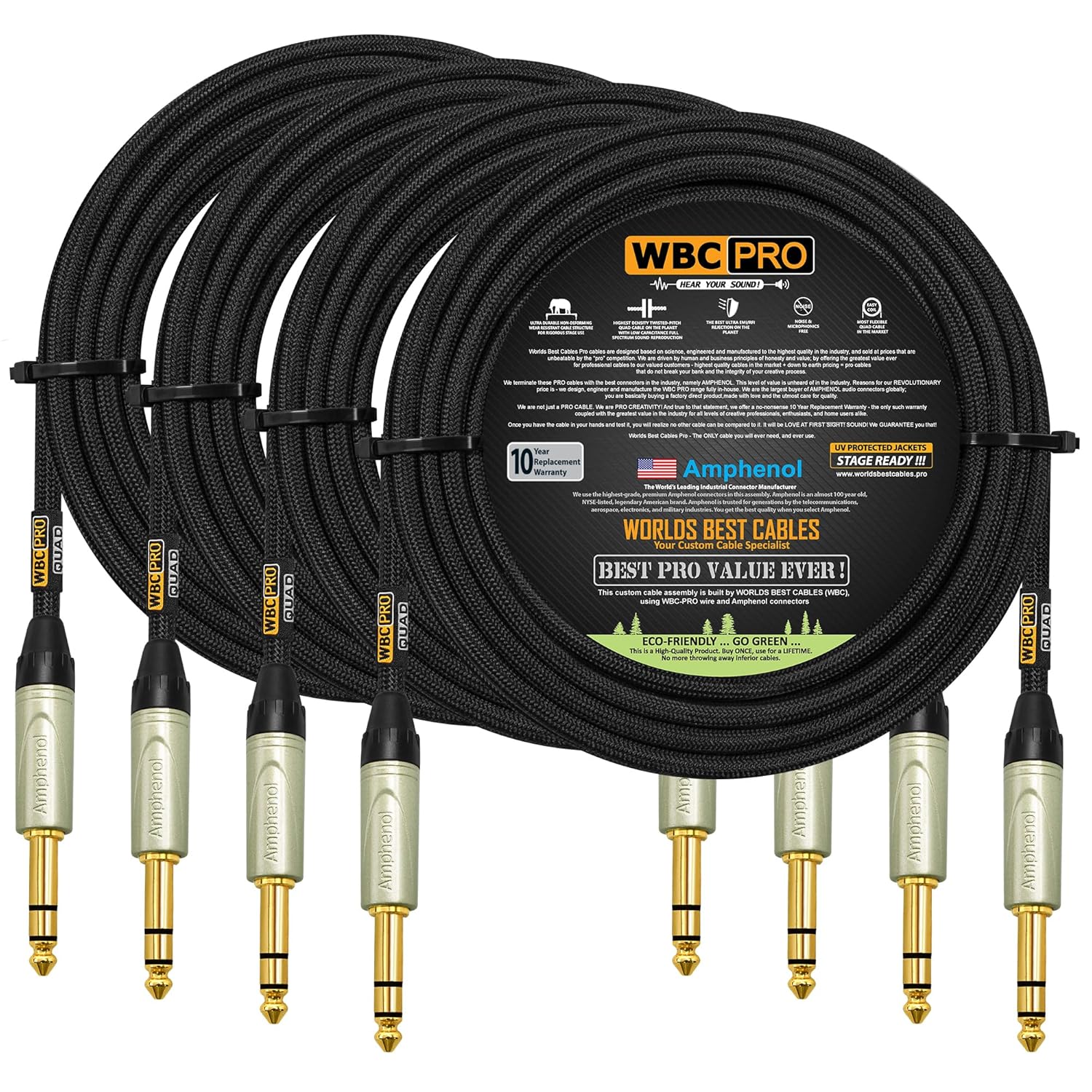 4 Units - 20 Foot - WBC-PRO-Quad Ultra-Silent Ultra-Flexible Balanced Star-Quad Cable with Amphenol QS3P-AU ¼ Inch (6.35mm) Gold Straight TRS Stereo Phone Plugs & Black Tweed Jacket