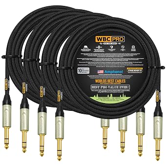 4 Units - 25 Foot - WBC-PRO-Quad Ultra-Silent Ultra-Flexible Balanced Star-Quad Cable with Amphenol QS3P-AU 14 Inch 6.35mm Gold Straight TRS Stereo Phone Plugs & Black Tweed Jacket
