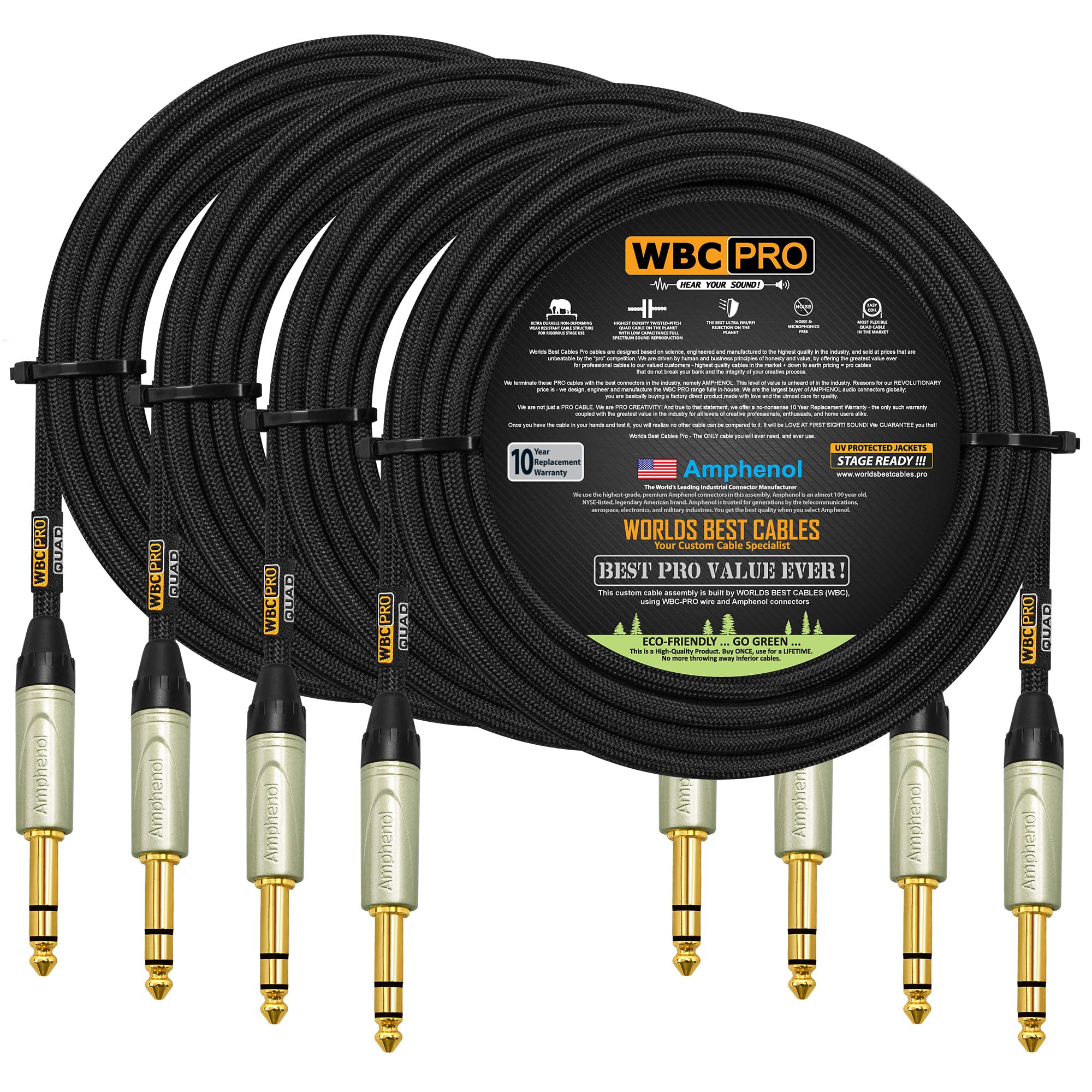 4 Units - 20 Foot - WBC-PRO-Quad Ultra-Silent Ultra-Flexible Balanced Star-Quad Cable with Amphenol QS3P-AU ¼ Inch (6.35mm) Gold Straight TRS Stereo