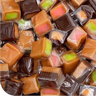 CRAZYOUTLET Caramel Candy Mix 2lb Bulk Pack - 150 Filled Chewy Cubes, Vanilla Chocolate Apple Strawberry, Individually Wrapped