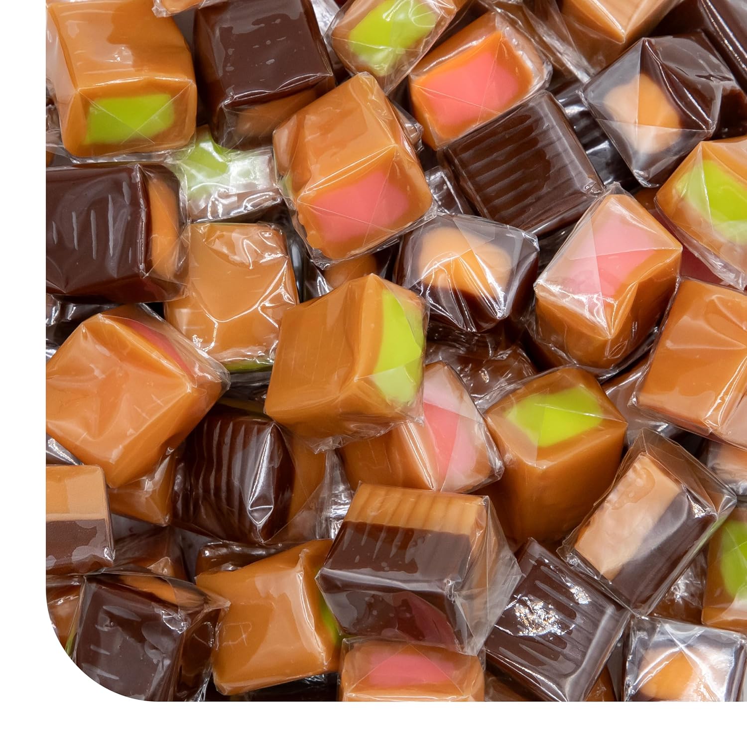 CRAZYOUTLET Caramel Candy Mix 2lb Bulk Pack - 150 Filled Chewy Cubes, Vanilla Chocolate Apple Strawberry, Individually Wrapped