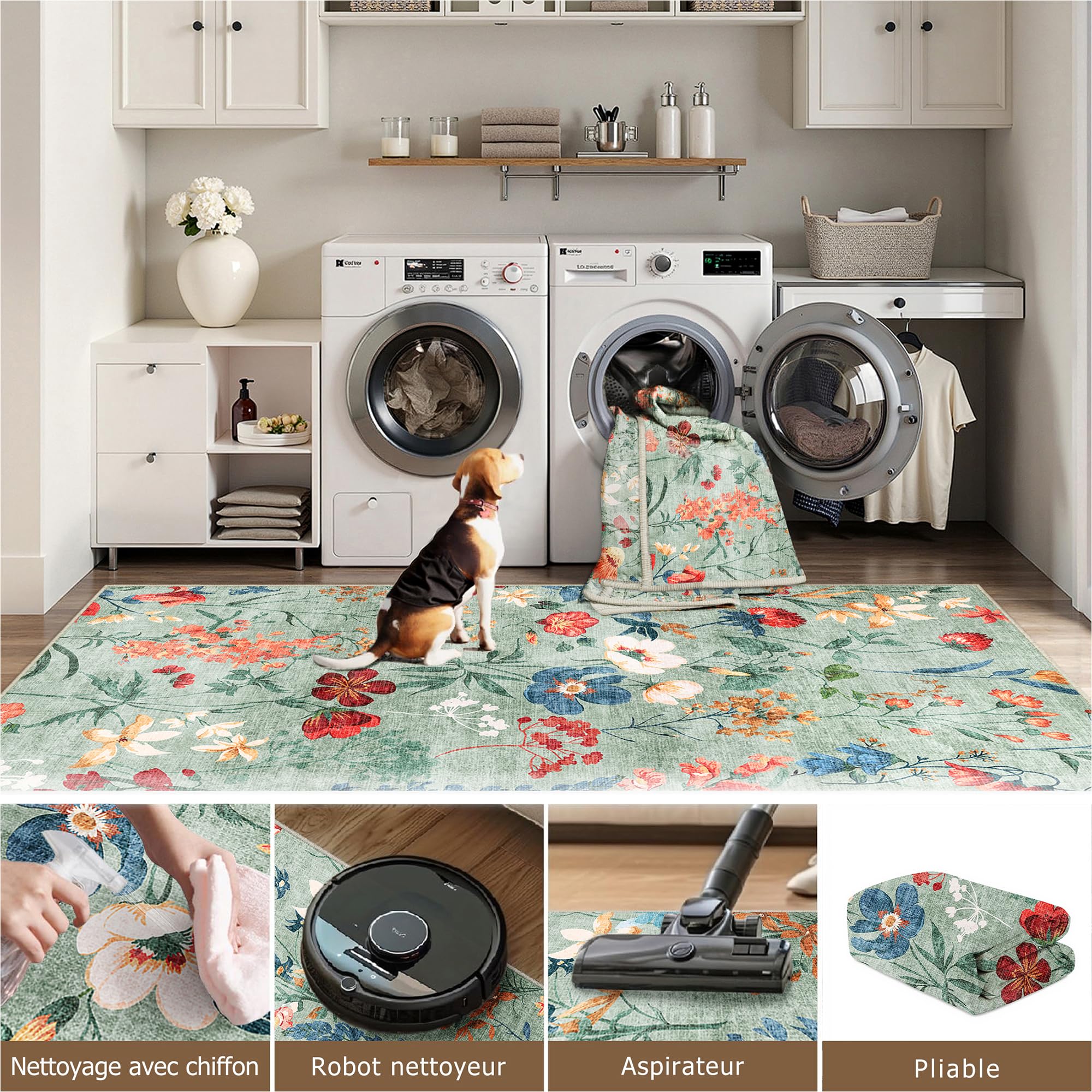 HUGEAR Vert Tapis Salon 200x300cm Floral Chambre Lavable en Machine Antidérapant Boheme Naturel Fleur Grand Carpet Bureau Salle a Manger Doux Poil Ras Rug
