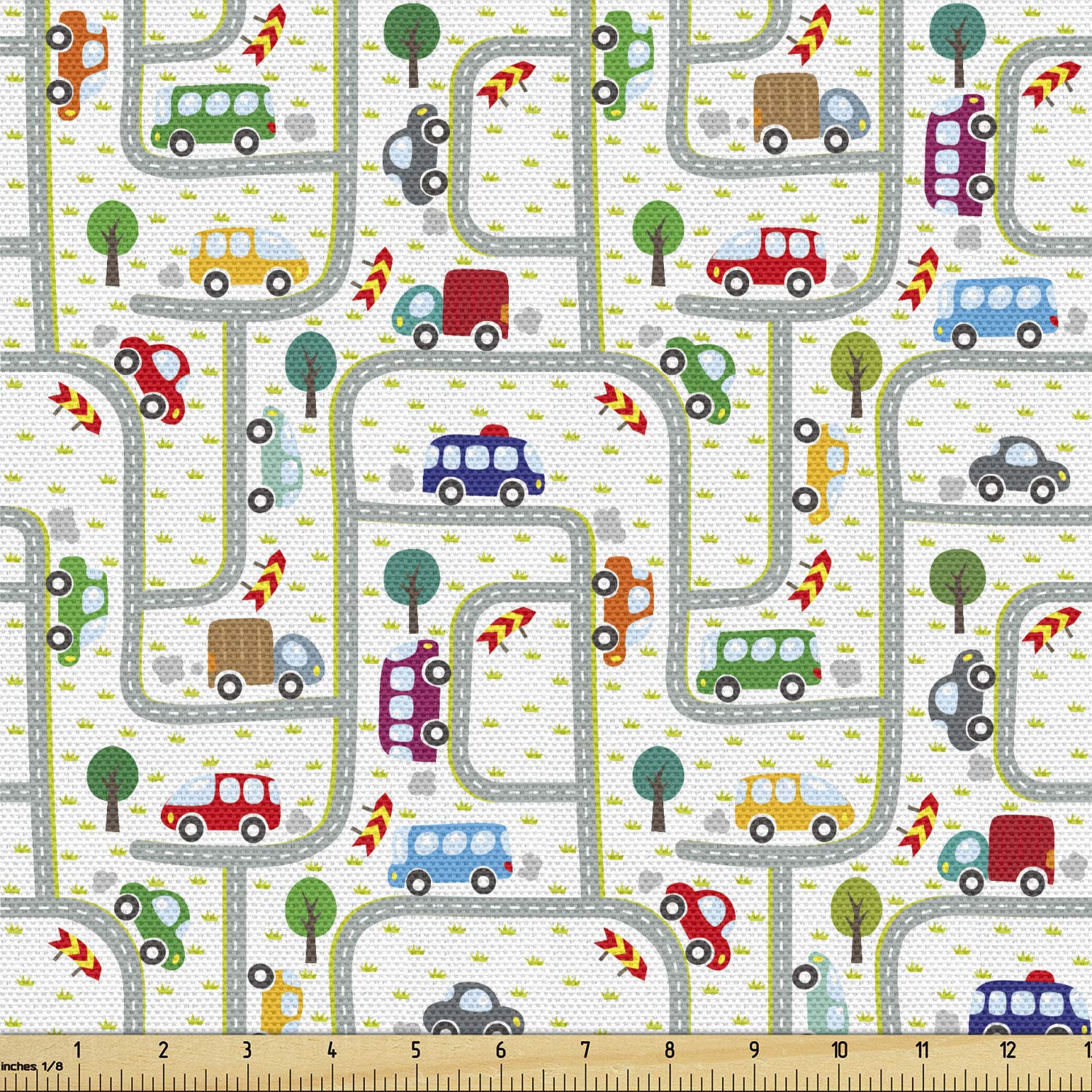 Ambesonne Cars Fabric by The Yard, Vibrant Drawing Cars Driving on The Roads Traffic Urban Themed Design, Decorative Fabric for Upholstery and Home Accents, 3 Yards, Gray Green