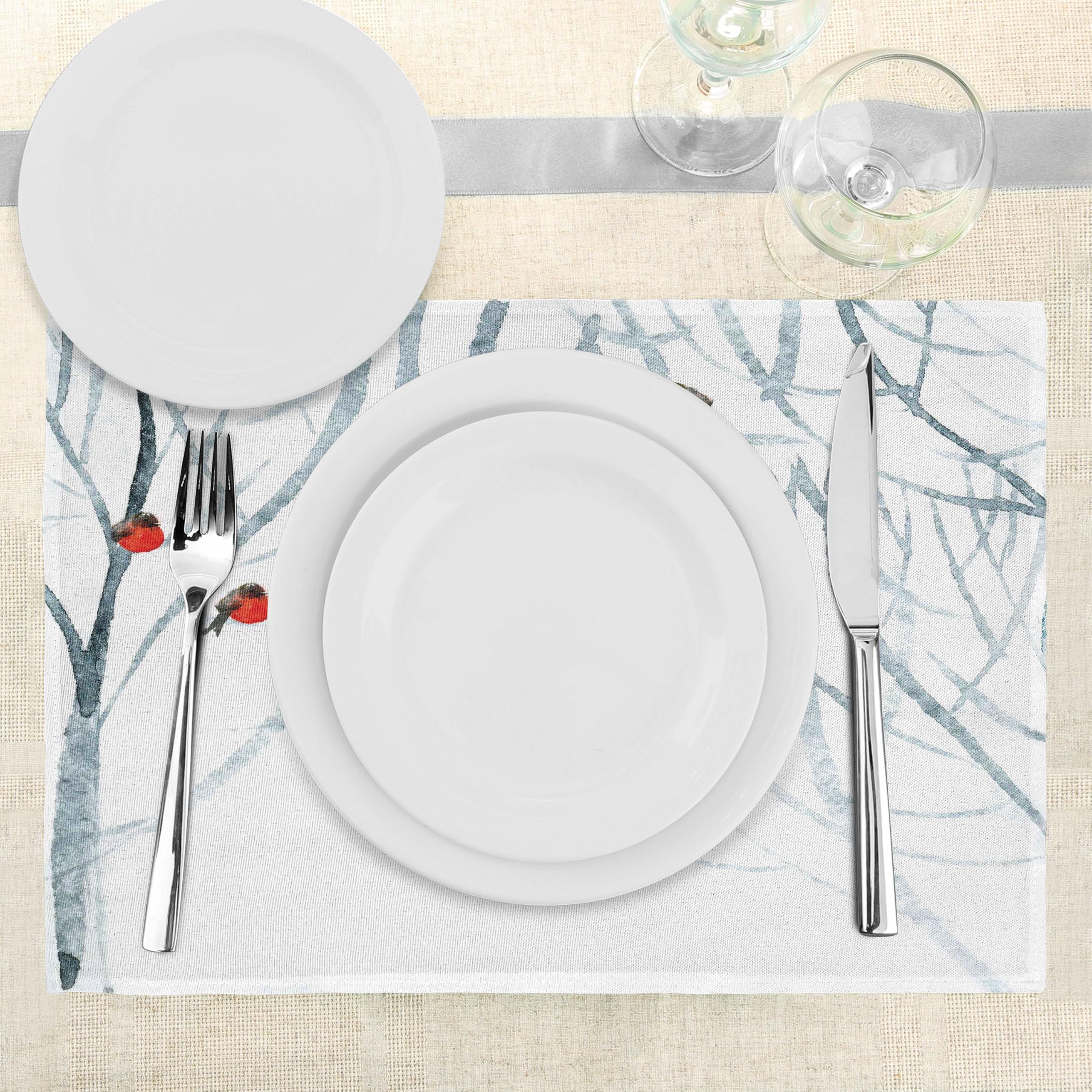 ABAKUHAUS Modern Place Mats Set of 4, Woods Bullfinches, Washable Fabric Placemats for Dining Room Kitchen Table Decor Pale Grey White - Image 3