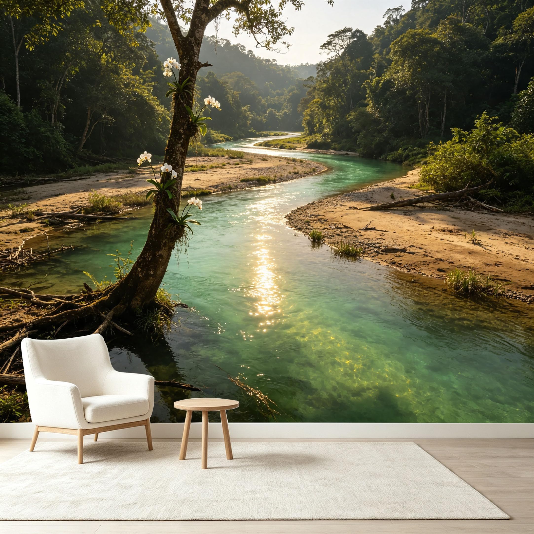 Custom Size Wall Murals Tropical Rainforest Landscape Orchid River Reflection Self-Adhesive Wall Fabric Removable Wallpaper Wall Decor for Living Room Bedroom Bathroom