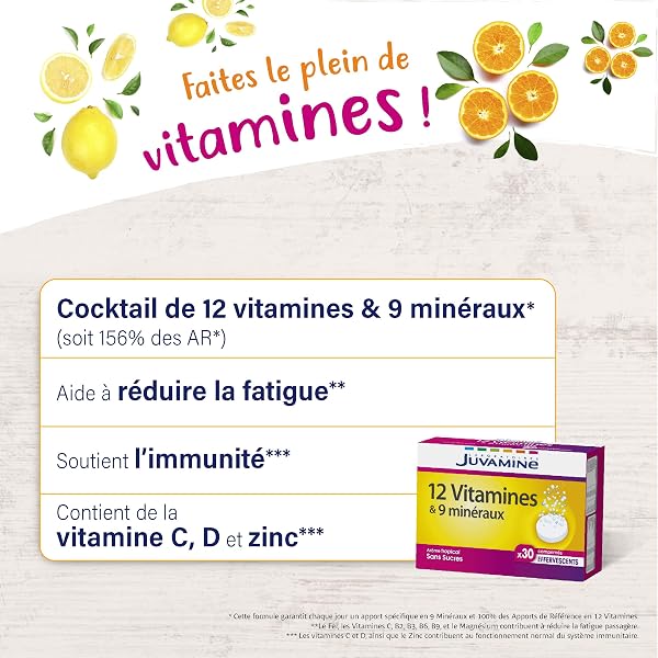 Juvamine - 12 Vitamines & 9 Minéraux Effervescents - Fatigue, Stress, Métabolisme Énergétique, Immunité - 30 Comprimés Arôme Tropical - Fabriqué en France - 3