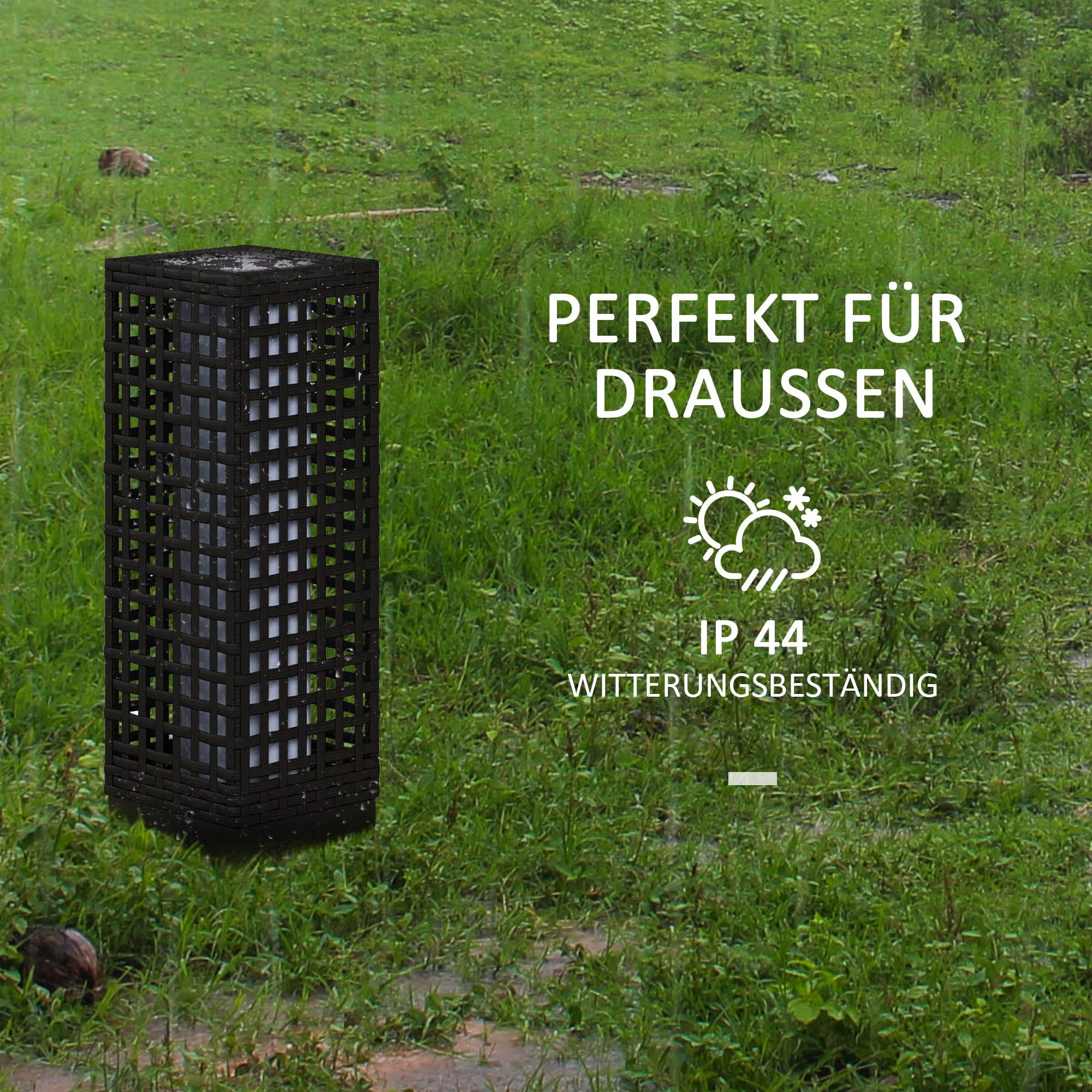 Outsunny solarne rattanowe z czujnikiem światła 15,5x15,5x46cm Czarny | Ładowalna LED, IP44 wodoszczelna, latarka solarna, lampa zewnętrzna, do ogrodu, balkonu, podwórza