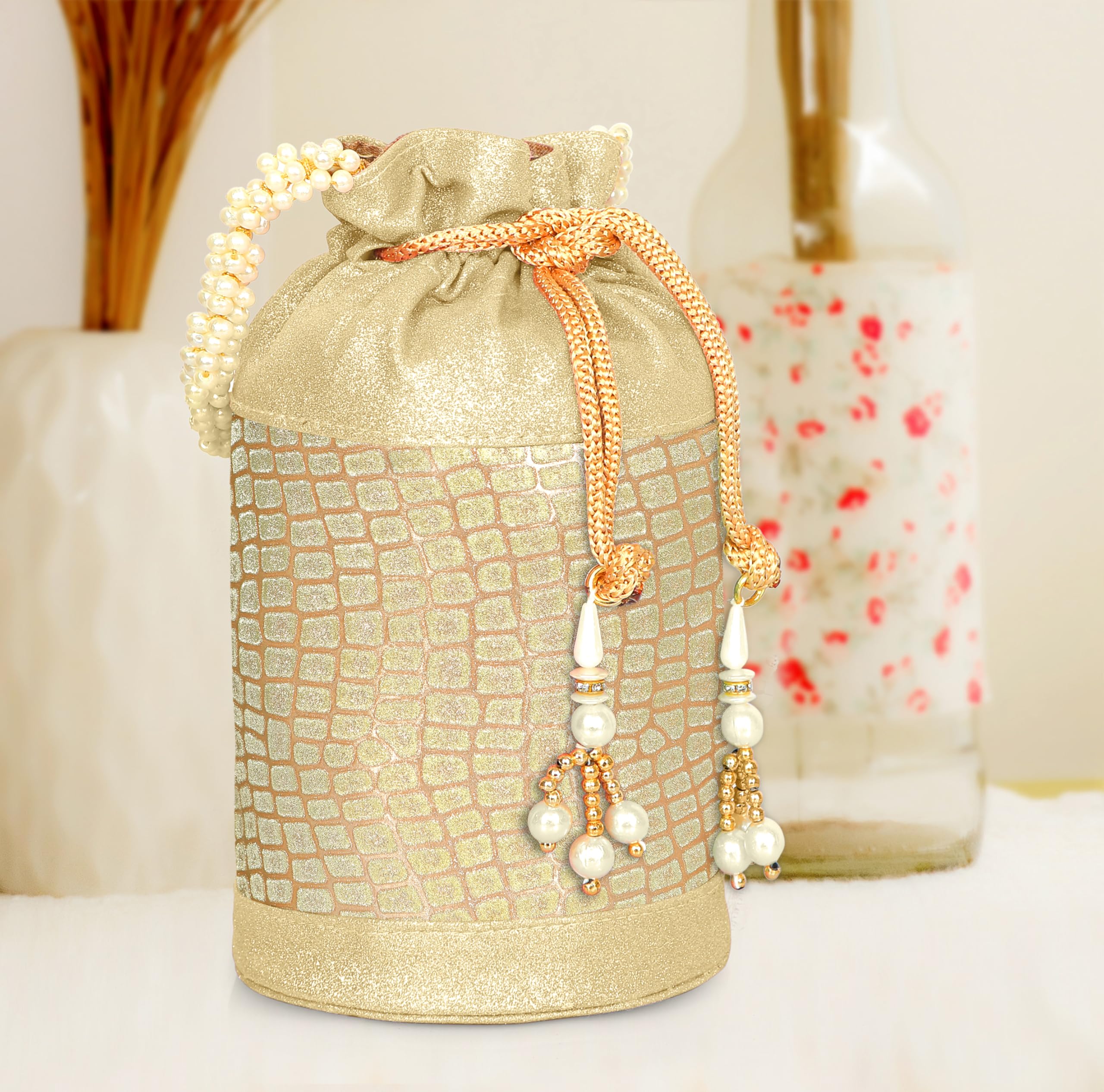 MISHA Opulent Glow Potli Bag with Pearl Handle for Women (GOLD) 3