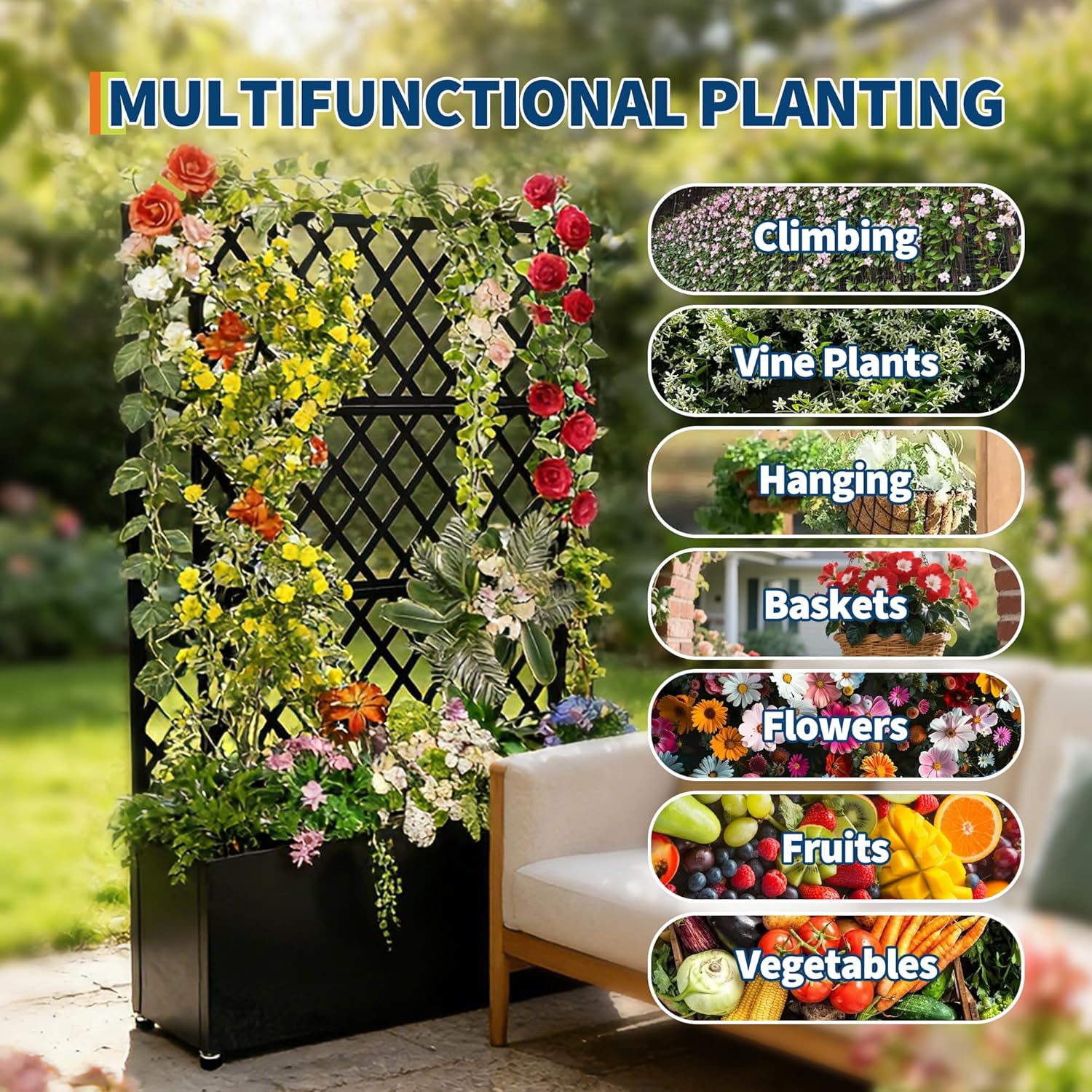 Galvanized Steel Raised Garden Bed with Trellis, 71"X46"X16" Planter Box with Lockable Wheels, Drainage Holes & Privacy Screen for Vegetables, Vines on Patio, Deck, Yard, Black