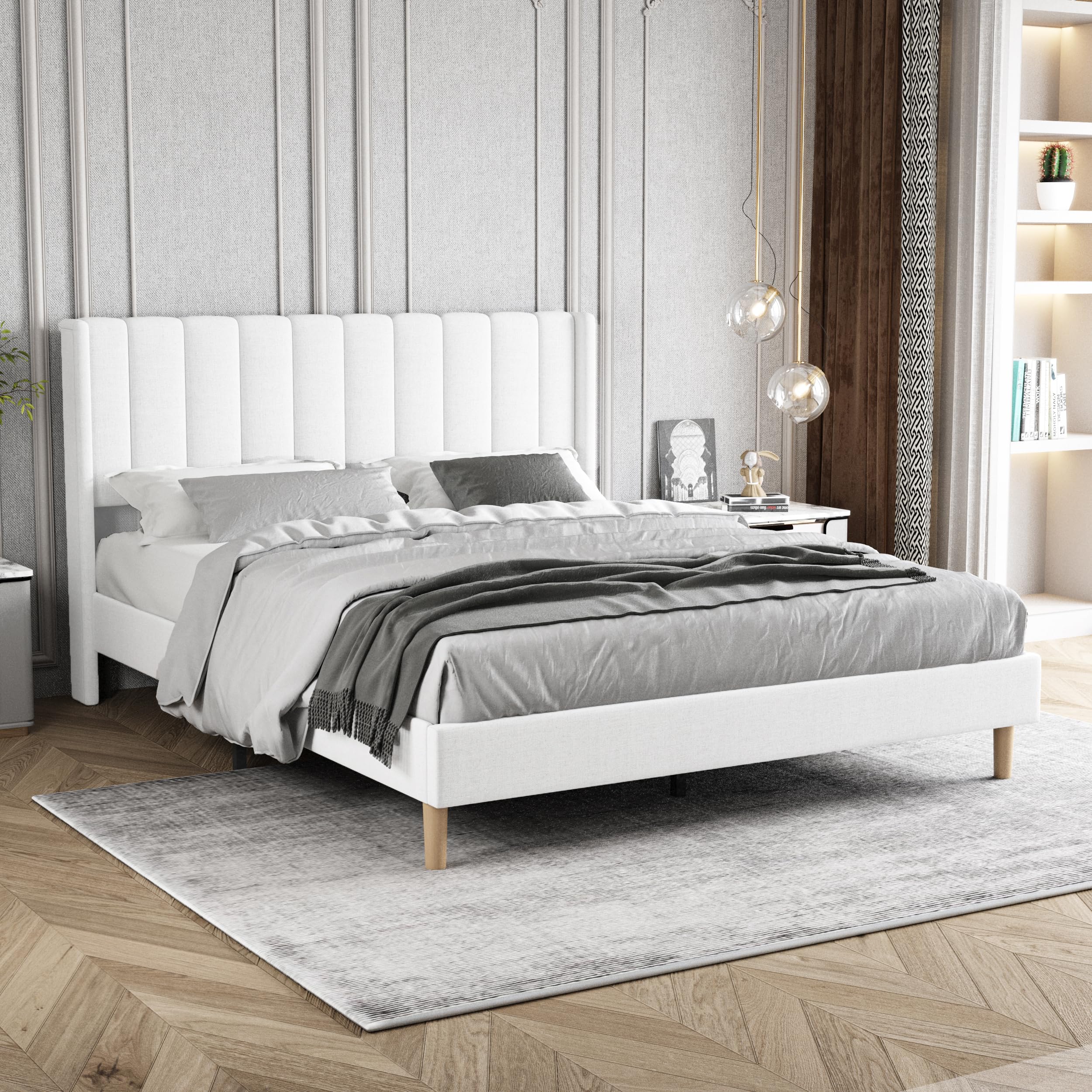 king Size Bed Frame with Headboard, Modern Upholstered Linen Platform Bed, Heavy Duty Wooden Slats Support, No Box Spring Needed, Noise-Free & Easy Assembly, White