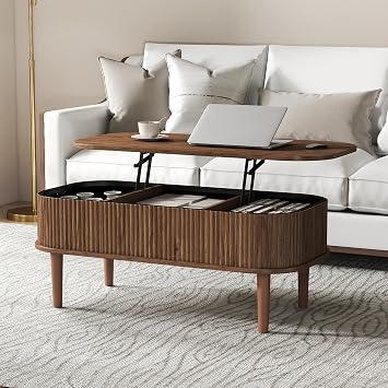 Fluted Lift Top Coffee Table with Hidden Storage, Oval Coffee Table with Lifting Top, Mid Century Modern Design for Living Room, Office & Small Spaces, Walnut
