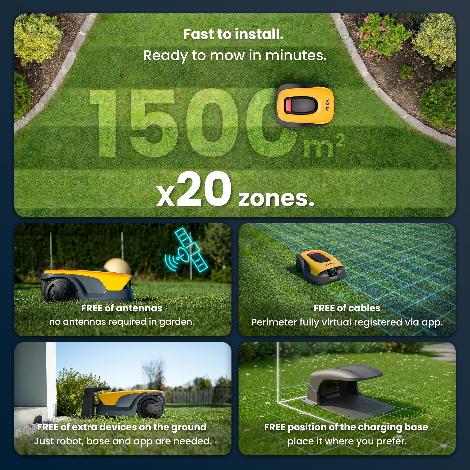 Stiga Robot cortacésped automático A15V, perfecto para jardines medianos de hasta 1500 m² y 20 zonas