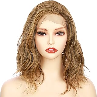 Onedor Shoulder Length Lace Front Short Wavy Hair Bob Wigs for Women (Light Brown Evenly Blended with Dark Natural Blonde-RL12/16)