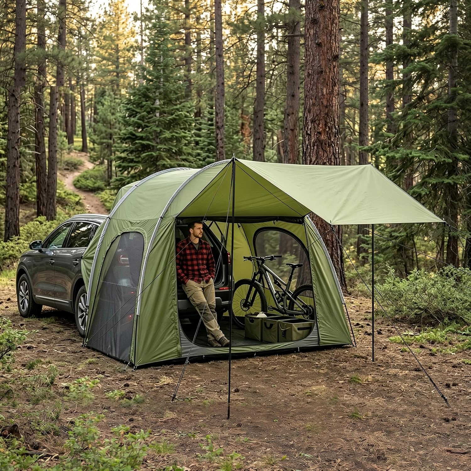 Universal SUV Tailgate Tent, 2-3 Person Waterproof Car Camping Tent with Mesh Screen, Quick Setup Portable Car Canopy, Independent Shelter for Self-Driving Overnight Outdoor Camping