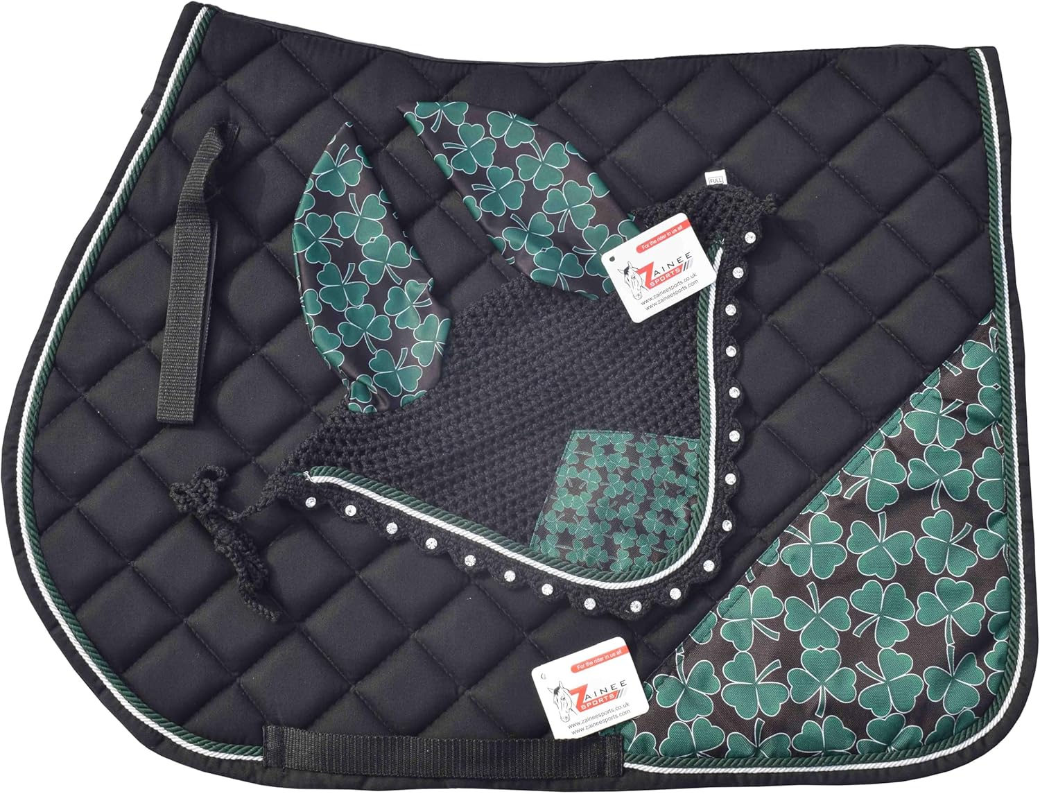 St. Patrick's Day Saddle Pad Set with Matching Ear Bonnet – Shamrock Horse Saddle Blanket & Fly Veil – Lucky Green Equestrian Set for Riding, Shows & Events