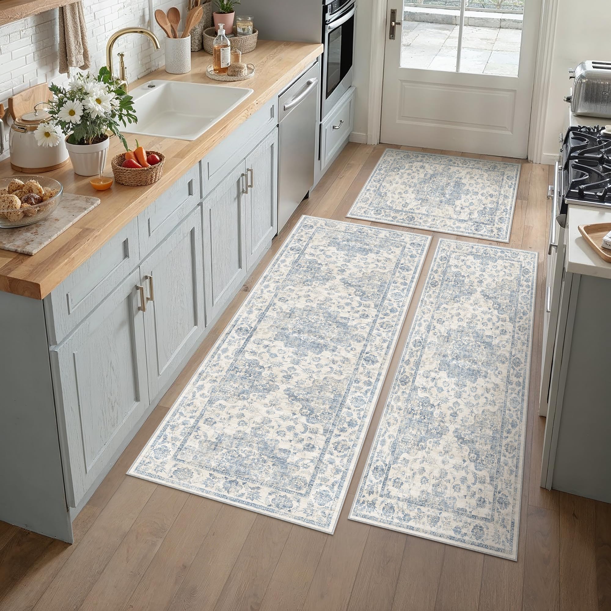 Washable Neutral Blue Kitchen Runner Rug Set of 3