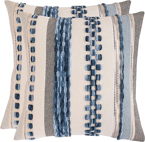 Juego de 2 fundas de almohada bohemias de 18 x 18 pulgadas, fundas de almohada cuadradas de felpilla a rayas azul cielo para sofá, cama, sala de