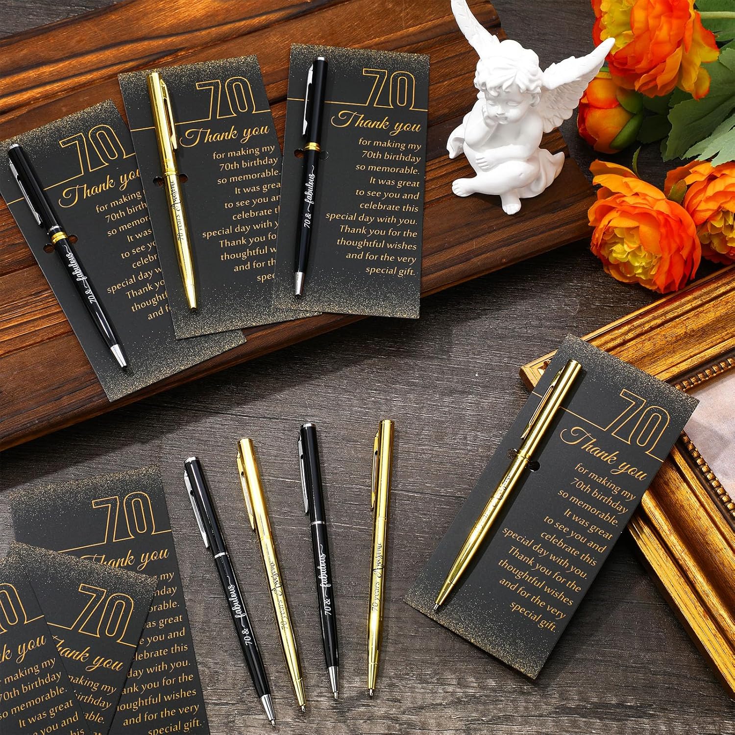 25 Sets 70th Birthday Themed Party Favors for Guests Including Birthday Ballpoint Pens and Black Gold Thank You Cards for Guests New Year Anniversary Appreciation Gifts - Image 4