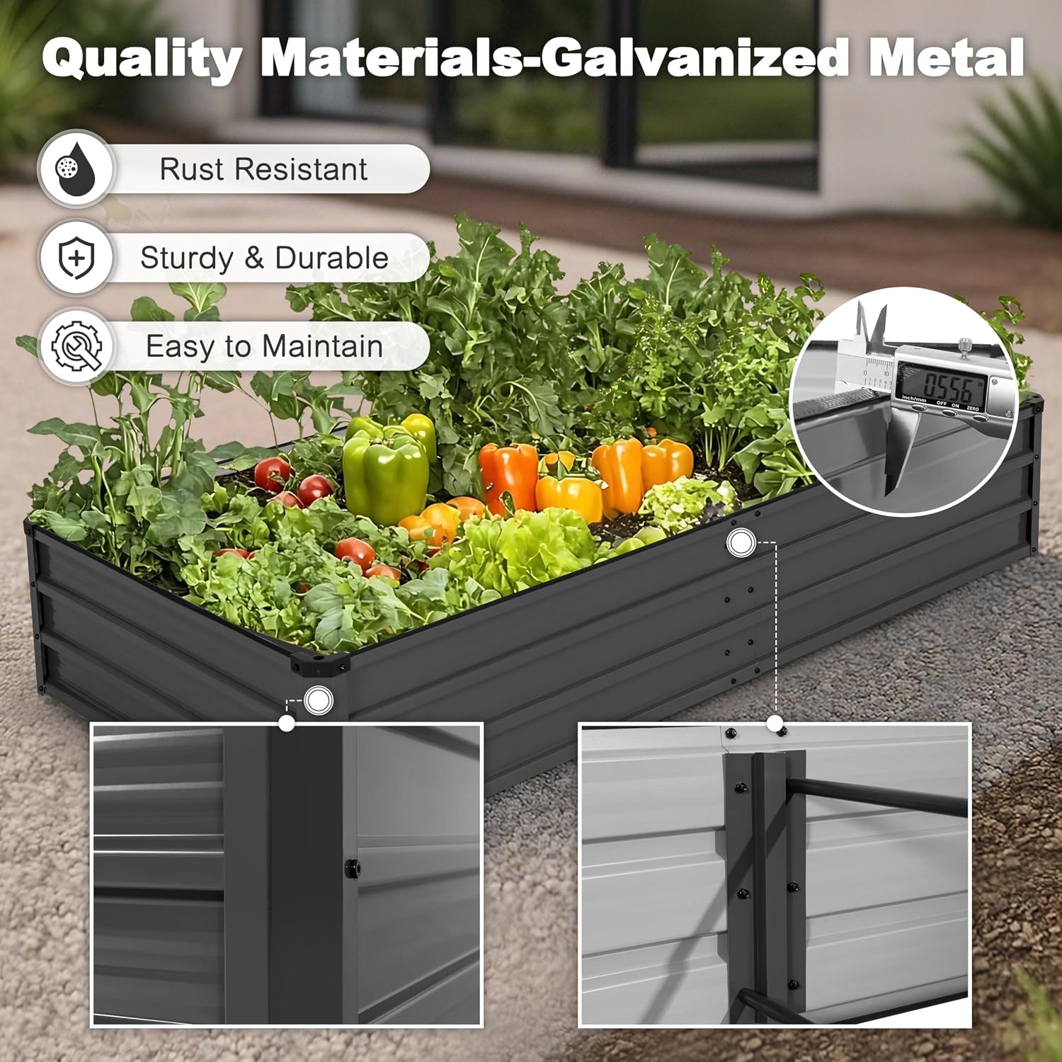 Close-up of the protective edge cover and safe corner design of the raised garden bed