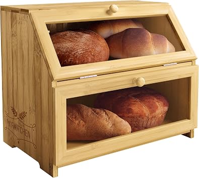 Bamboo Bread Box Space Saving Rustic Flat-Top Bread Bin for Countertop - Store Bread Cake and Baked Goods - 15 x 9.8 inches 2 Tier box