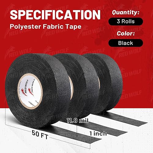 Miniatura 7 de RED WOLF Cinta de tela para arnés de cableado eléctrico, 1 pulgada x 50 pies, 3 rollos de arnés de alambre flexibilidad, alta resistencia a la