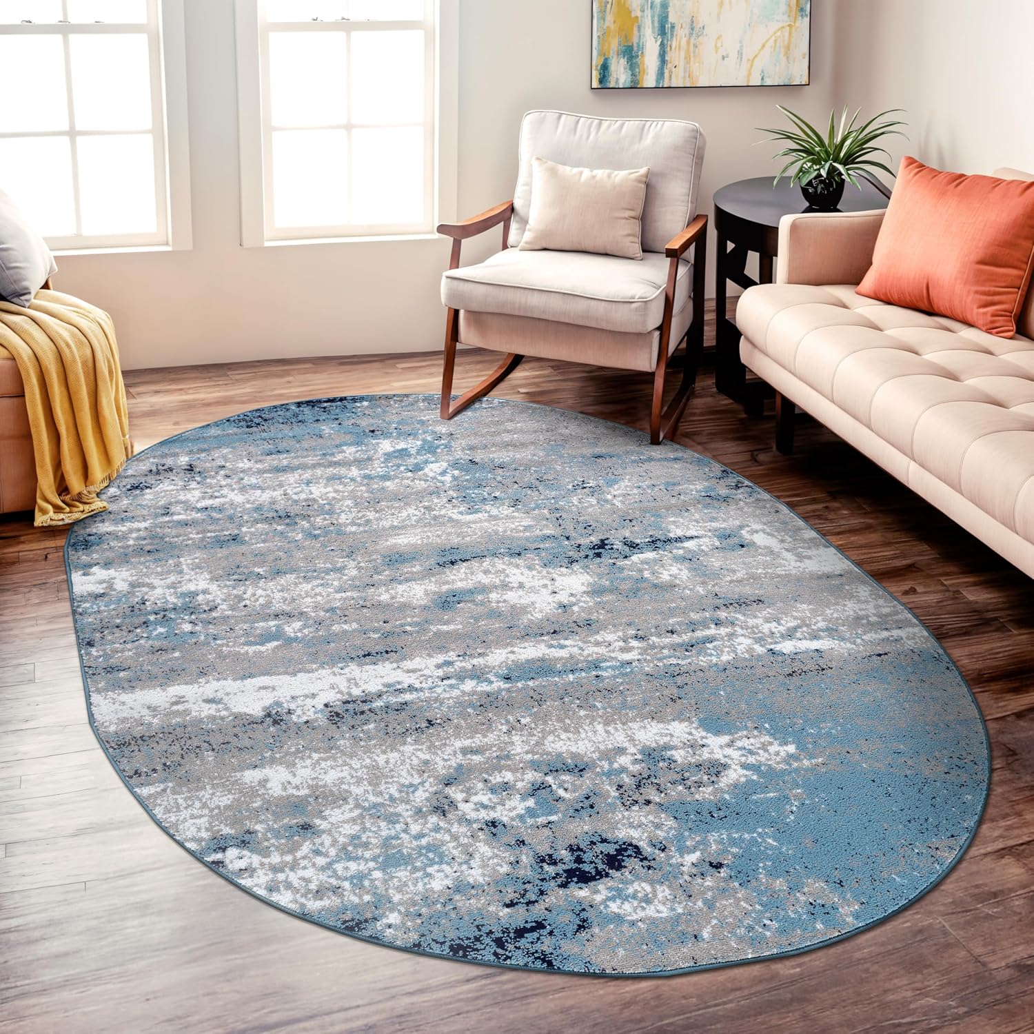 Rugshop Modern Distressed Blue Abstract Oval Area Rug Bohemian Inspired Watercolor for Dining Room, Living Room and Bedroom 5' x 7' Oval