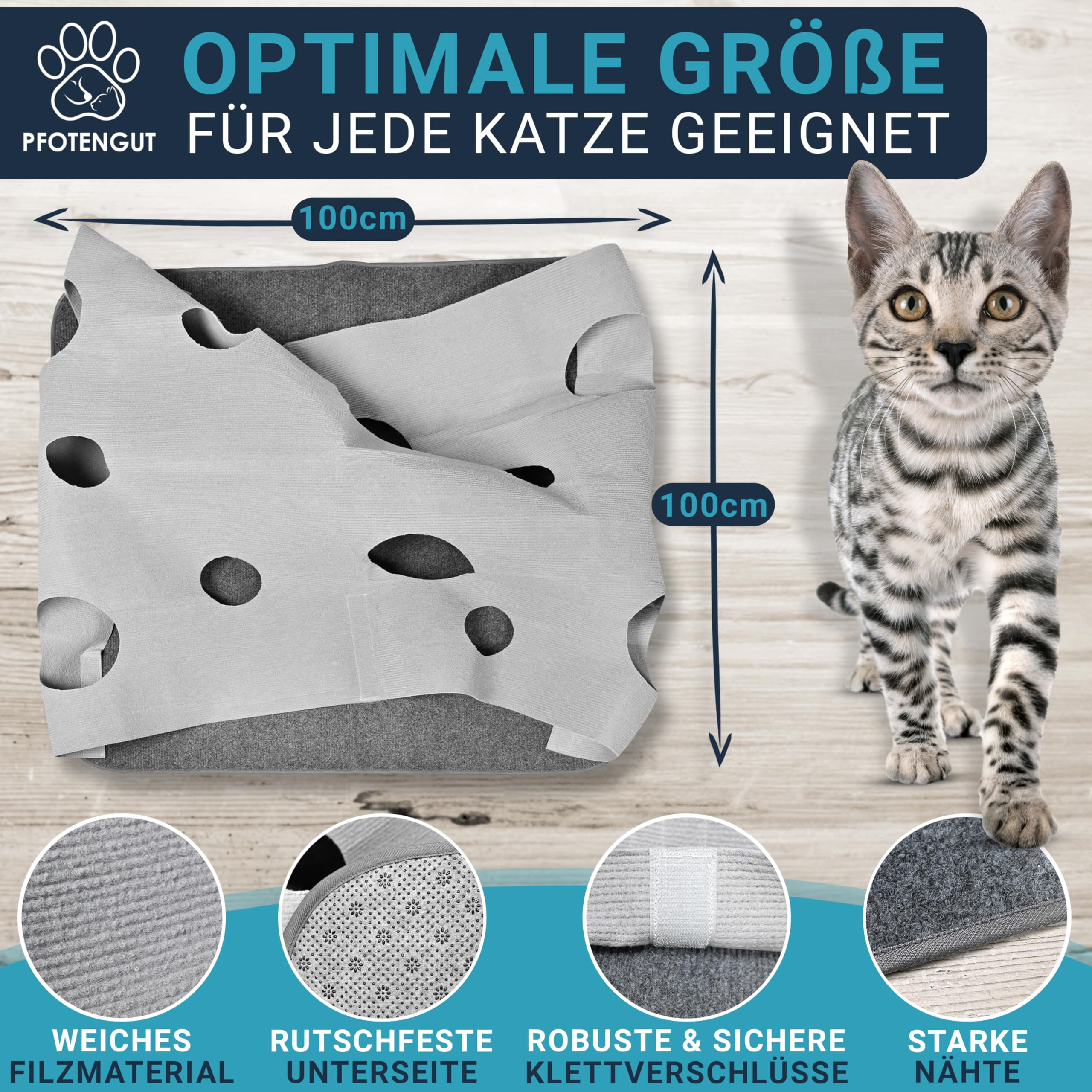 Katzenteppich [100x100 cm] - interaktive Spielmatte aus Filz mit individuellen Formen zur Beschäftigung deiner Katze - inkl. Spielzeug-Zubehör [für alle Katzen geeignet]