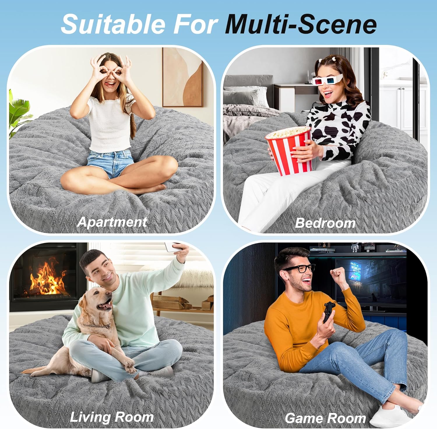 Homguava Bean Bag Chair: 3‘ Bean Bags with Memory Foam Filled, Large Beanbag Chairs Soft Sofa with Dutch Chevron Plush Cover 3FT(36"×36"×24"),Grey