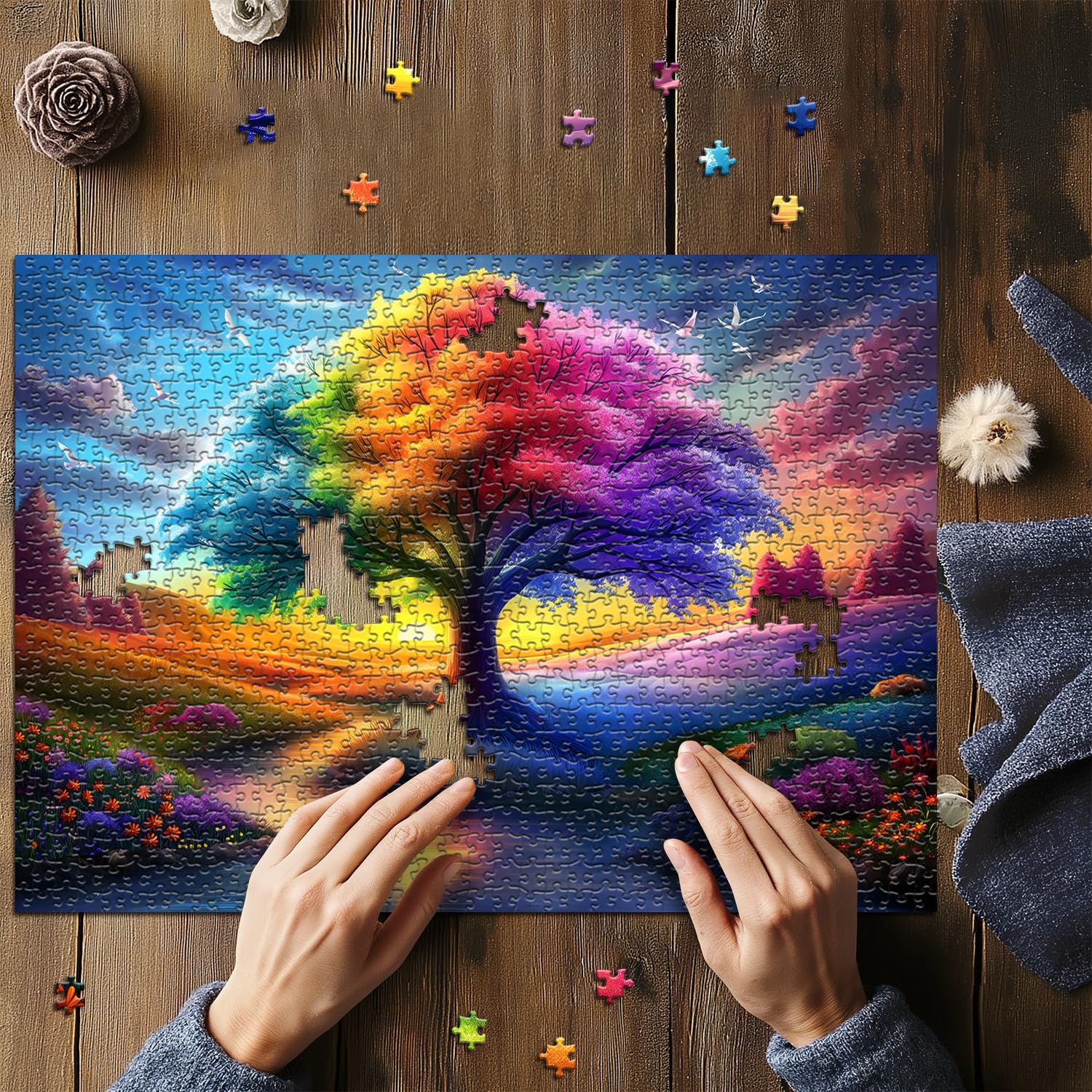 Rainbow Tree of Life Puzzles for Adults 1000 Pieces, Colorful Landscape Gradient Jigsaw Puzzle, Tree Nature Puzzle Scenery - Image 5