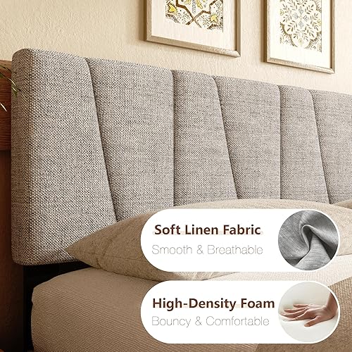 Miniatura 4 de Base de cama tamaño King, plataforma tapizada de lino con cabecero, fuerte soporte de listones de madera, base de colchón sin ruido, no necesita