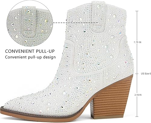 Miniatura 2 de OOHRHN Botas vaqueras brillantes de color para mujer, con diamantes de imitación, tacón grueso, detalle de perla, punta puntiaguda, para novia,