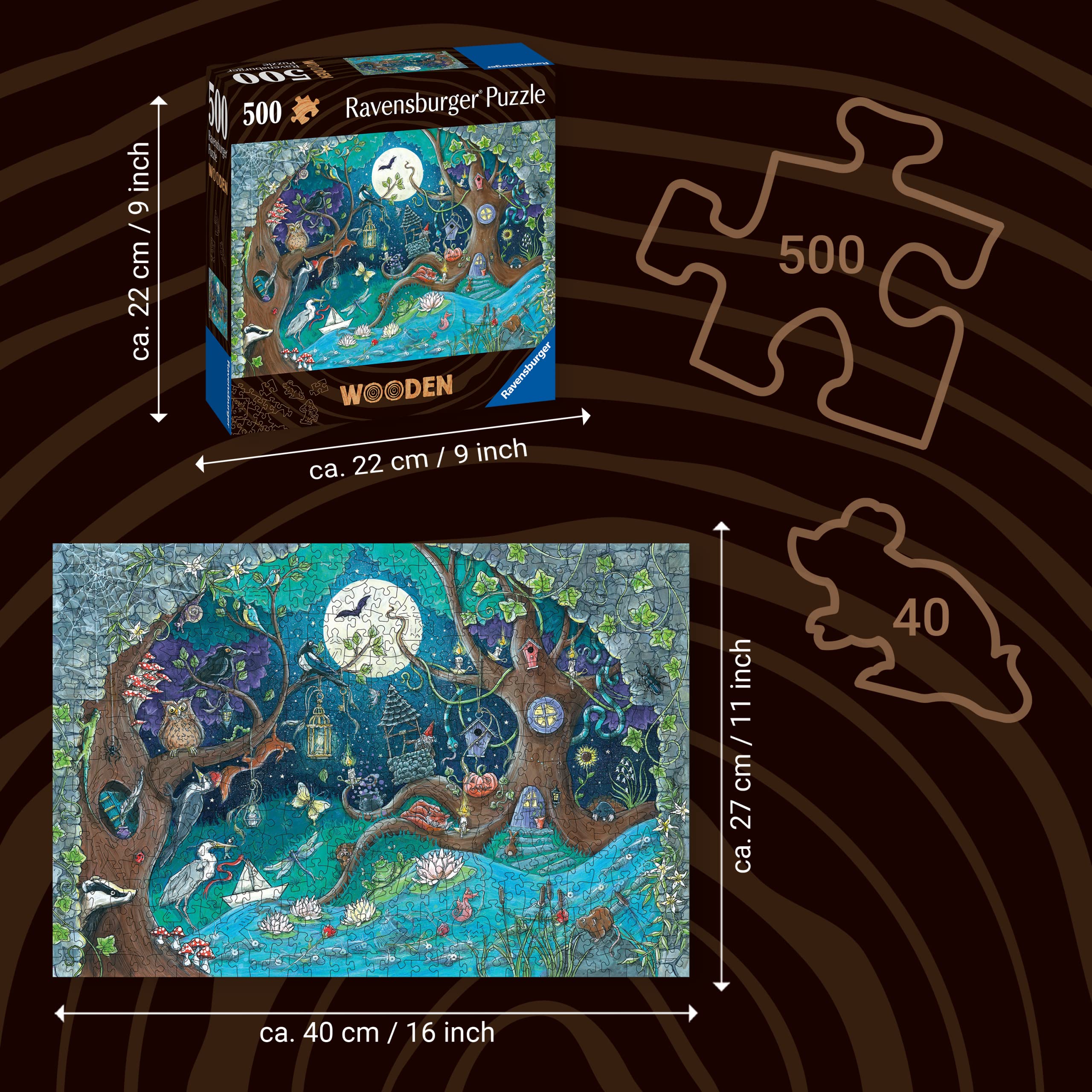 Ravensburger - Puzzle Wooden in Legno, 500 Pezzi, Tema Fantasy con 40 Piccole Sagome in Legno, Puzzle Paesaggi, Idea Regalo 10+ Anni