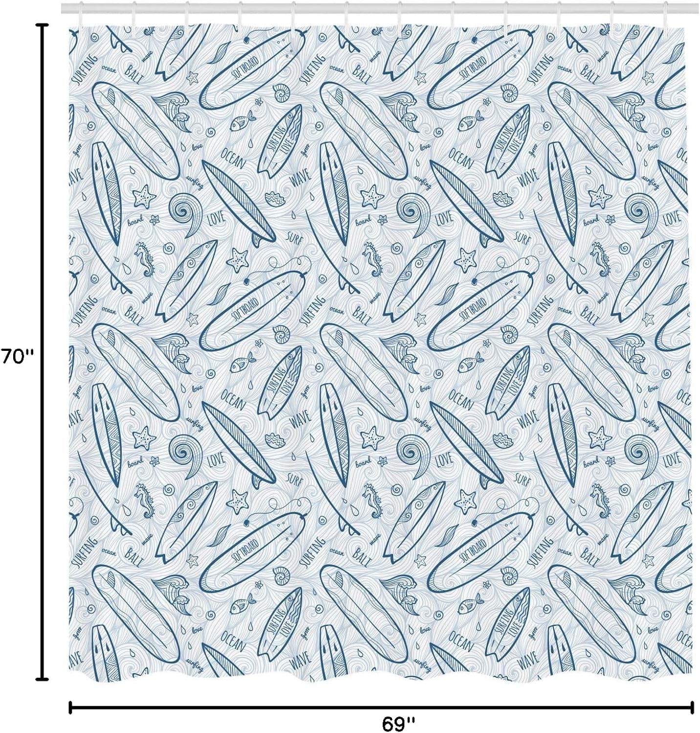 Ambesonne Surfboard Shower Curtain, Doodle Surfing Boards Waves and Starfishes Hawaiian Summer, Cloth Fabric Bathroom Decor Set with Hooks, 69" W x 70" L, Petrol Blue Slate Blue