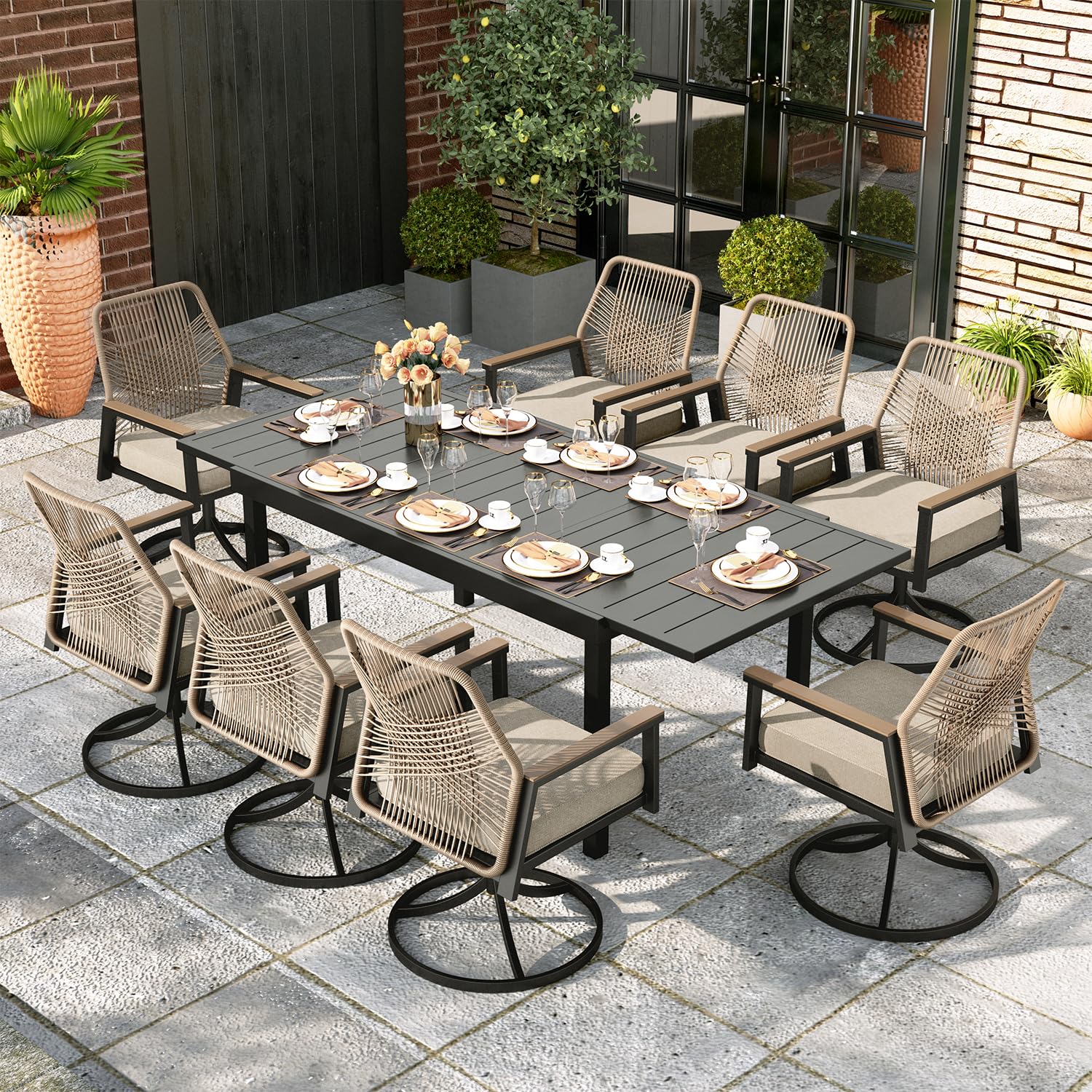 MIXPATIO Swivel Patio Dining Set, Extendable Metal Table, 8 Rattan Chairs