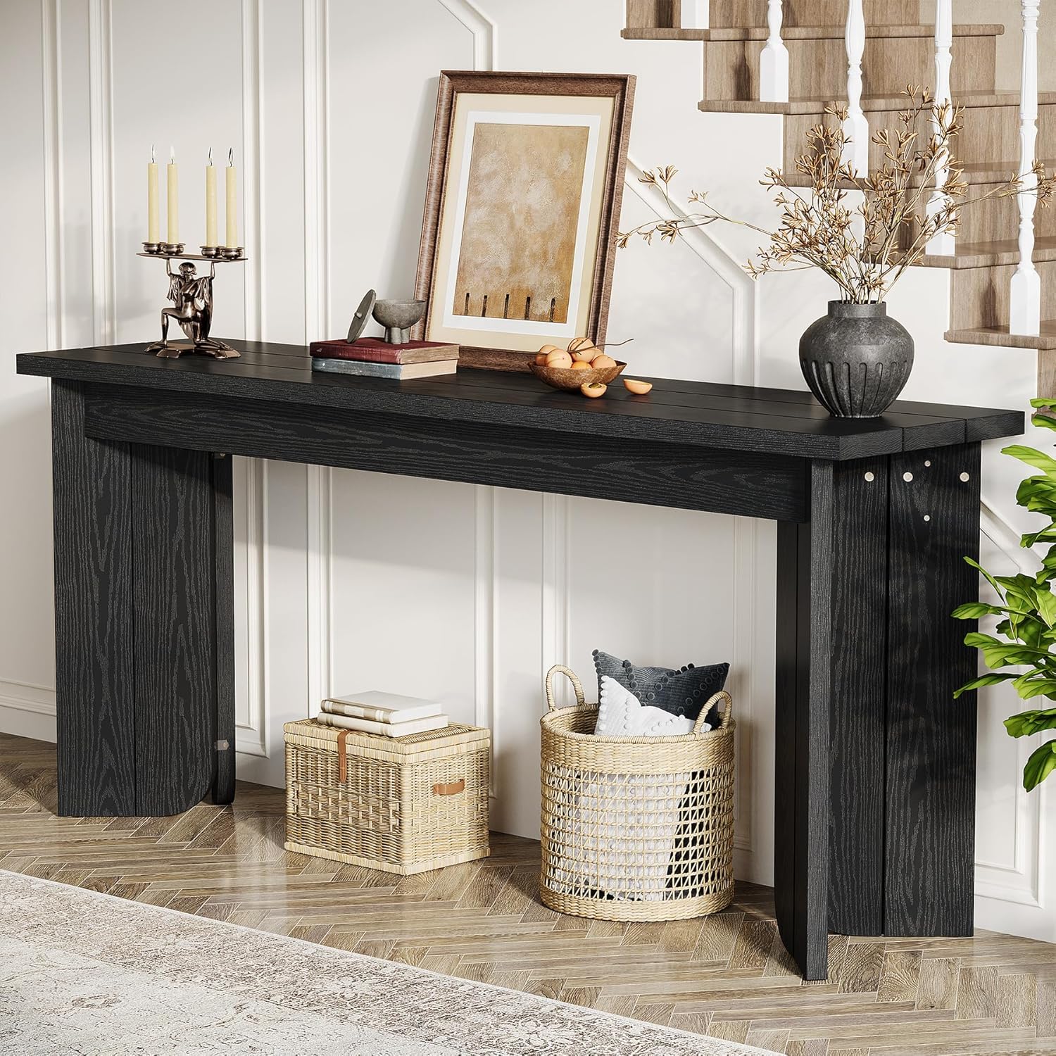 Tribesigns Farmhouse Console Table, 70.9-Inch Extra Long Console Table, Wood Sofa Table Behind Couch with Widened Tabletop & Sturdy Double Pedestal for Living Room, Hallway, Foyer (Black)