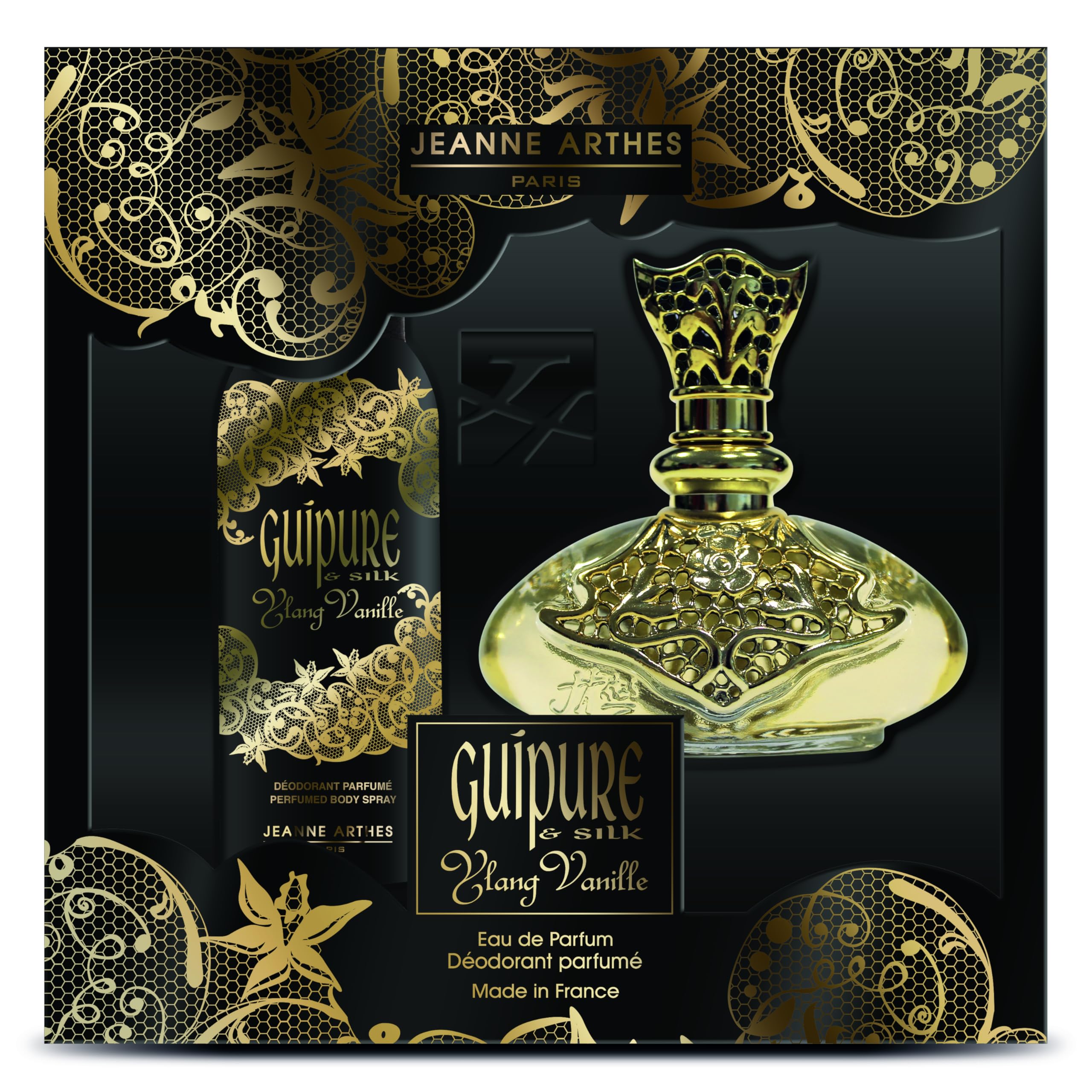 JEANNE ARTHES - Cofanetto regalo EDP + spray per il corpo donna - Guipure Ylang Vaniglia - Eau de Parfum 100 ml + Déospray 150 ml - Profumo Musc Vaniglia - Made in France à Grasse
