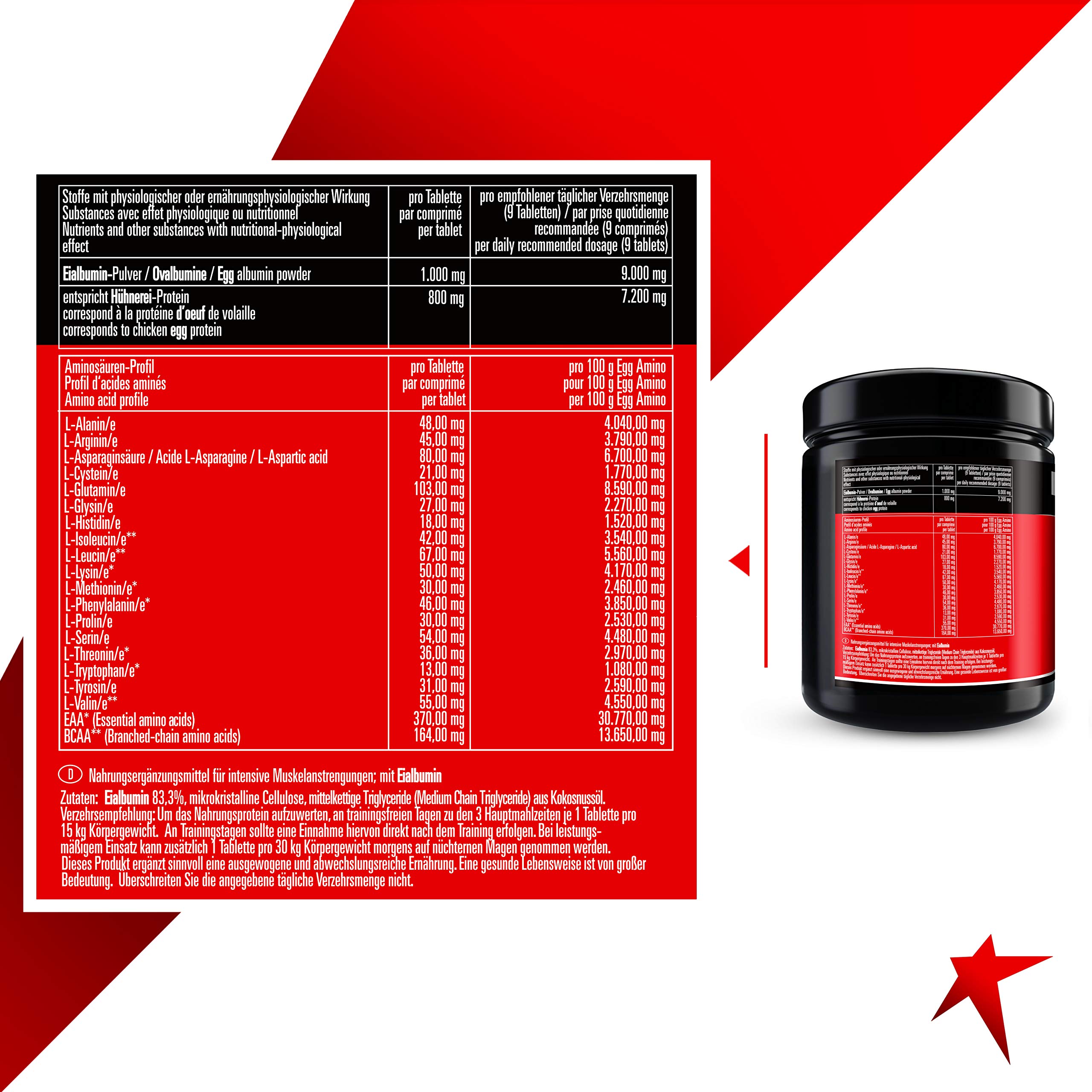 COMPLEXE D'ACIDES AMINÉS EGG AMINO - 500 Comprimés Acides aminés provenant de l'albumine d'oeuf pure, de haute valeur biologique, facile à avaler et à digestion rapide - Fabriqué en Allemagne!