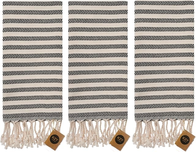 KZY LONDON Turkish Hand Towel (Set of 3) for Kitchen and Bathroom - 100% Cotton Prewashed Decorative Peshtemal Towels for Face, Hand, Hair, Yoga, Dishcloth, Tea Towel (Black)