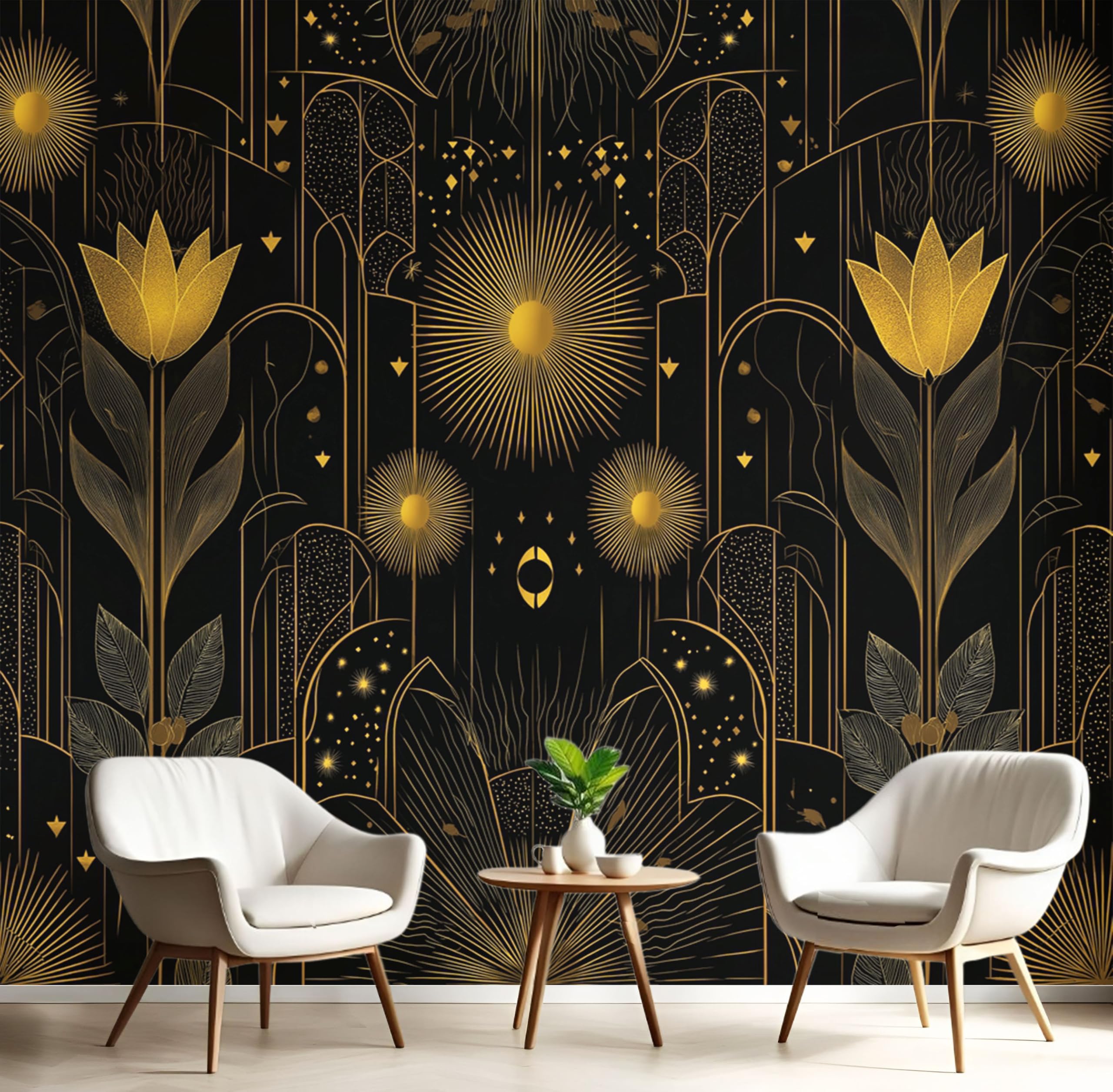 Tapisserie Panoramique Fleurs Ciel Étoilé Or Noir Pour Chambre Enfant