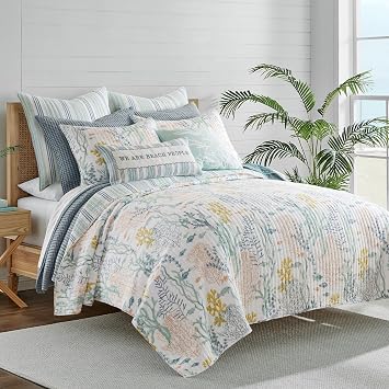 Levtex Home - Ocean Meadow Quilt Set - King Quilt and Two King Shams - Coastal - Teal, Blue, Coral, White and Ochre - Quilt 106x92in. and Shams 20x36in. - Reversible - Cotton