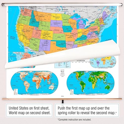 Miniatura 2 de BrightWay Educational - Juego de mapas desplegables para aulas intermedias de Estados Unidos y mundo con paneles educativos  Mapas de pared