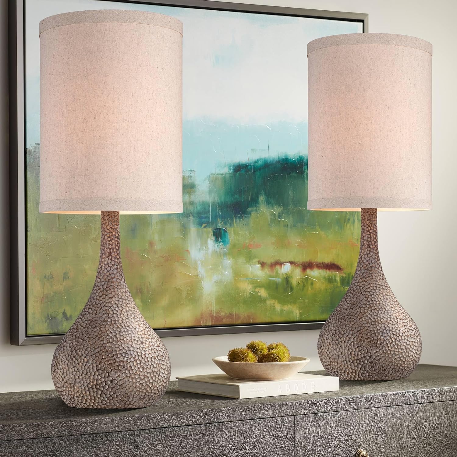 360 Lighting Chalane 31 1/4" Tall Gourd Large Farmhouse Rustic Modern Coastal End Table Lamps Set of 2 Brown Hammered Bronze Finish Living Room Bedroom Bedside Nightstand House White Shade