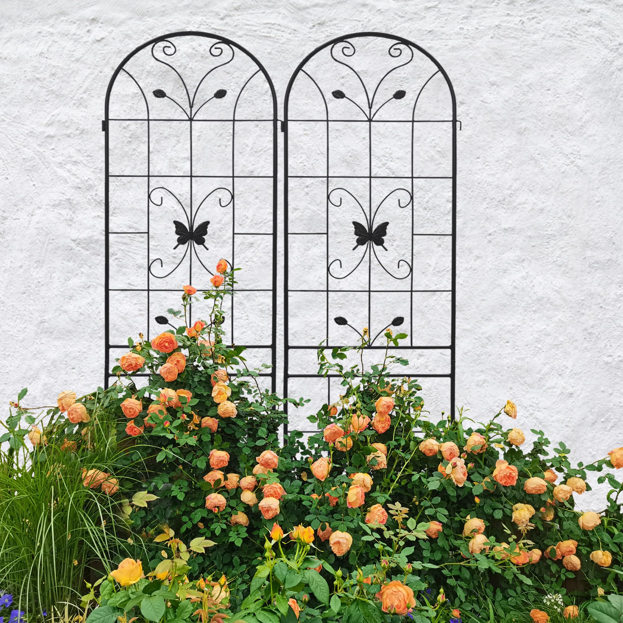 2 Pack Metal Garden Trellis 86.7" Black Fence Rustproof Garden Trellis for Climbing Plants Support Roses Flower Outdoor Lawn, Black